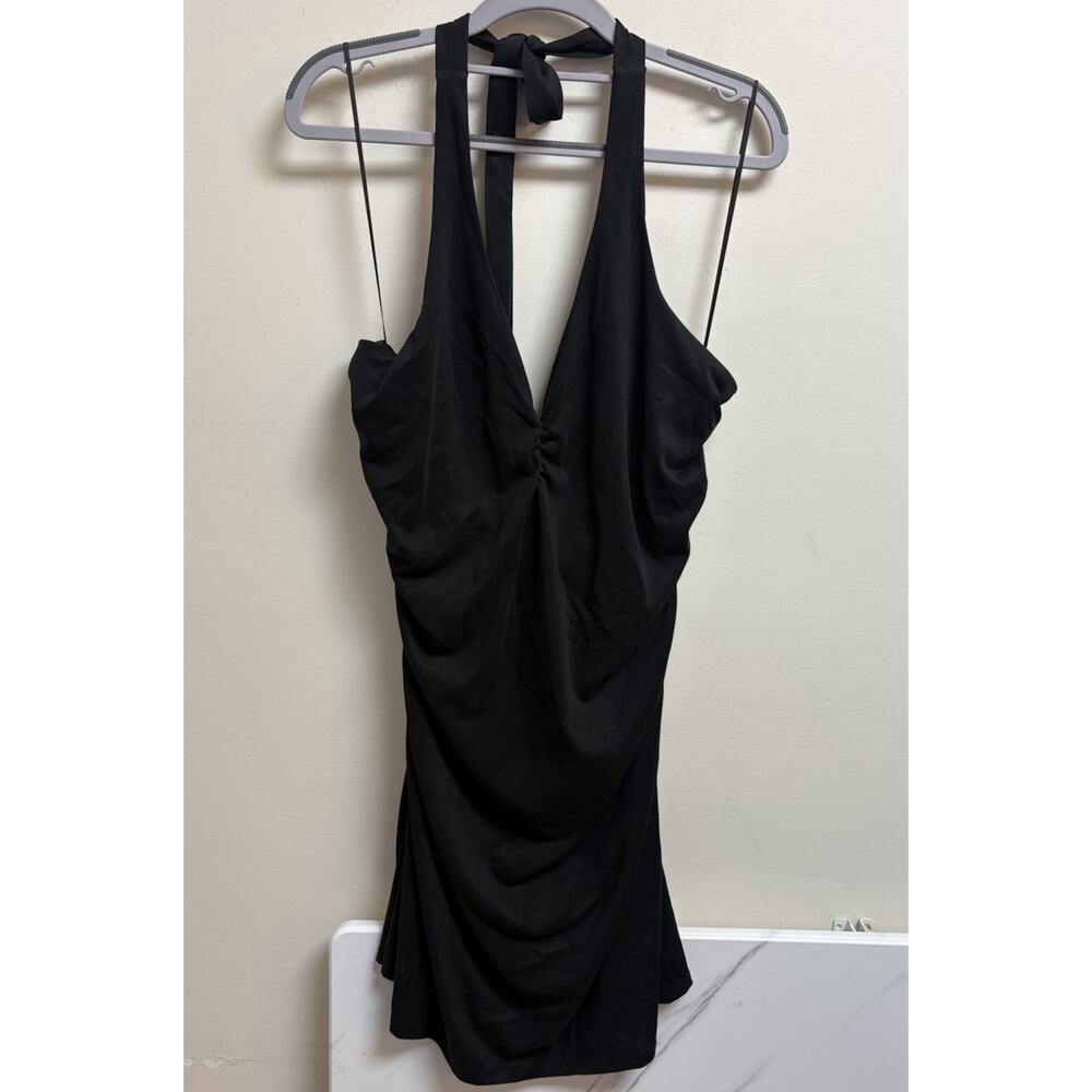 Anthropologie Black Ruched Halter Mini Dress Women’s XL‎ NWT